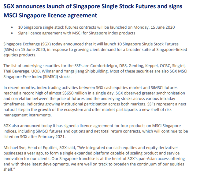 SGX Announces Launch of Singapore Single Stock Futures